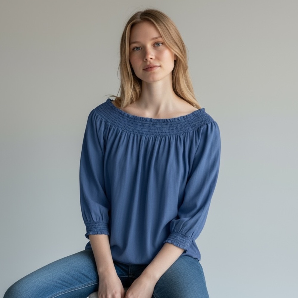 DO + BE - CHAMBRAY OFF THE SHOULDER TOP -‎ DARK WASH - TENCEL/COTTON BLEND B19